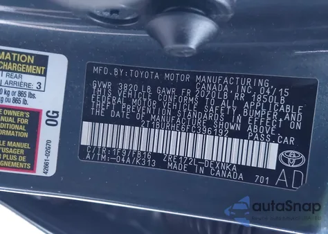 2015 Toyota Corolla Le z USA, uszkodzony, nr VIN 2T1BURHE6FC396192